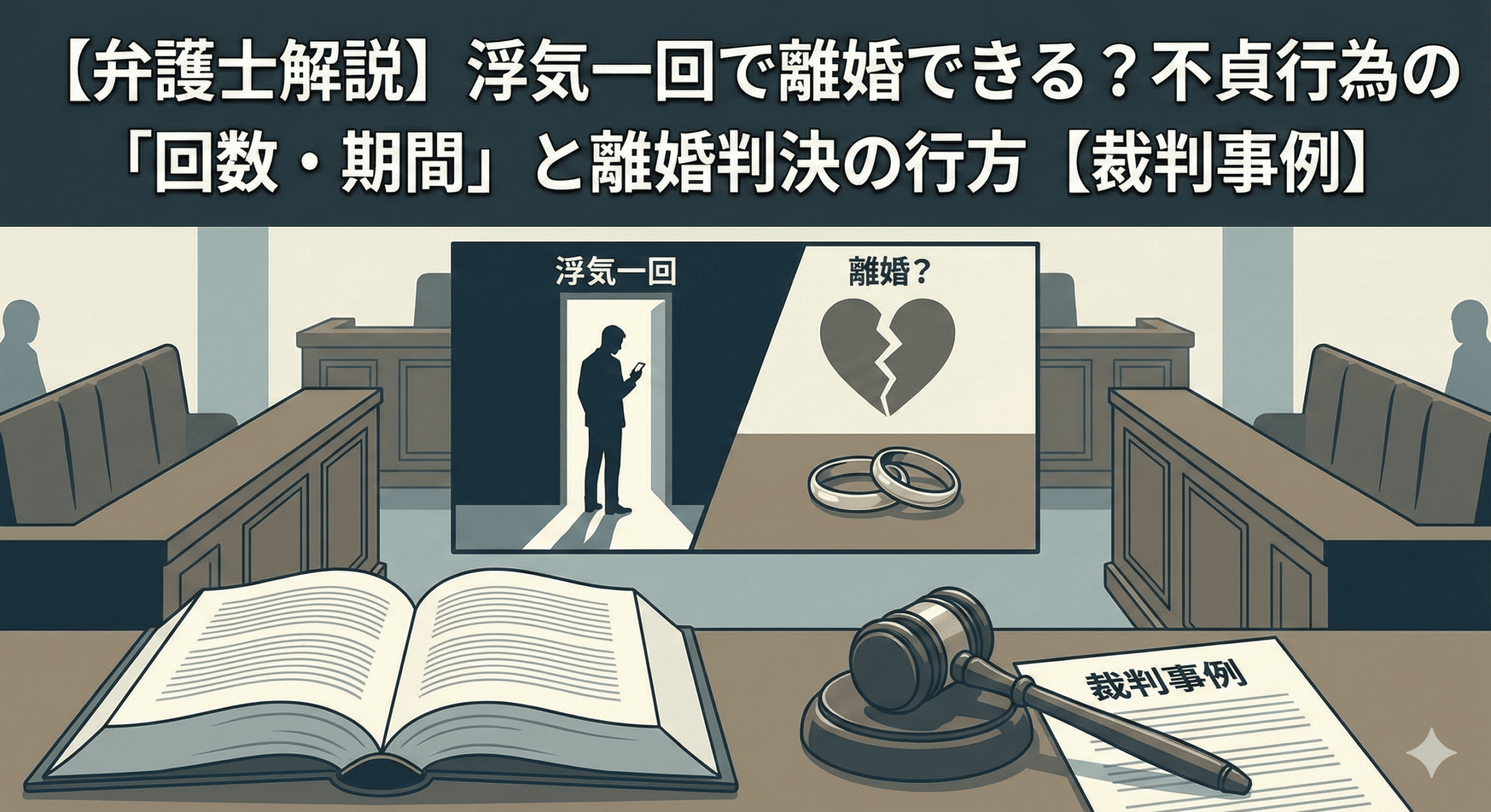 弁護士による法律解説記事のアイキャッチ画像。法廷を模した背景の前には、六法全書、木槌、そして「裁判事例」と書かれた書類が置かれている。中央のモニターには、一回の浮気を暗示する人物のシルエットと、割れたハート、結婚指輪のイラストが表示され、「浮気一回で離婚できる？不貞行為の『回数・期間』と離婚判決の行方【裁判事例】」というタイトルが大きく掲げられている。