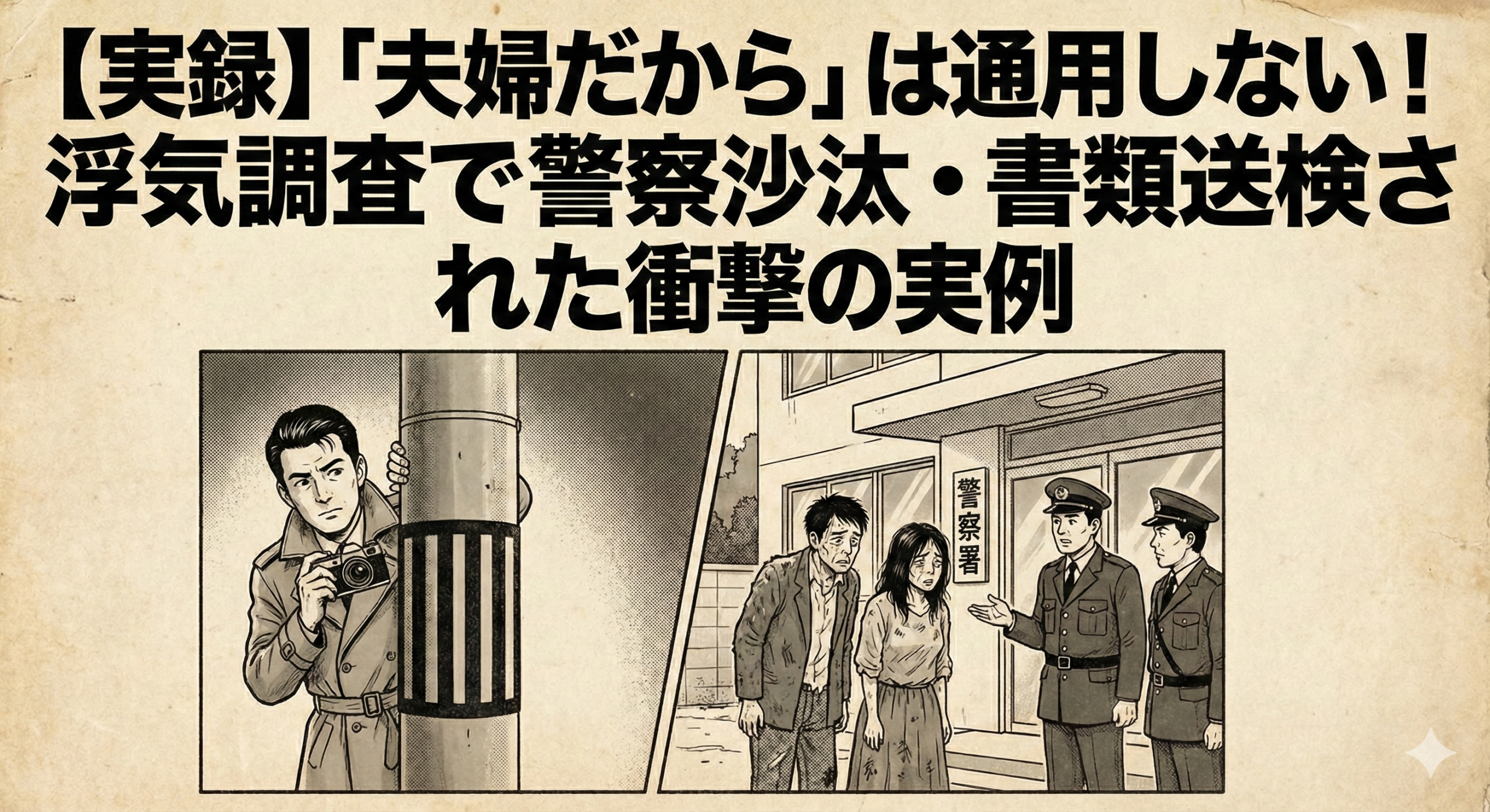 昭和レトロな劇画調のイラストポスター。古びた紙のような質感で、上部には大きな文字で「【実録】「夫婦だから」は通用しない！浮気調査で警察沙汰・書類送検された衝撃の実例」と書かれている。その下には左右に分かれた二つの白黒イラストがある。左側のイラストは、トレンチコートを着た探偵風の男性が電柱の陰からカメラを構えて監視している様子。右側のイラストは、「警察署」と書かれた建物の前で、疲れ切った様子の男女が二人の警察官と話をしている場面。全体的に昭和の週刊誌や実話誌のような、緊迫感と古めかしい雰囲気が漂う。