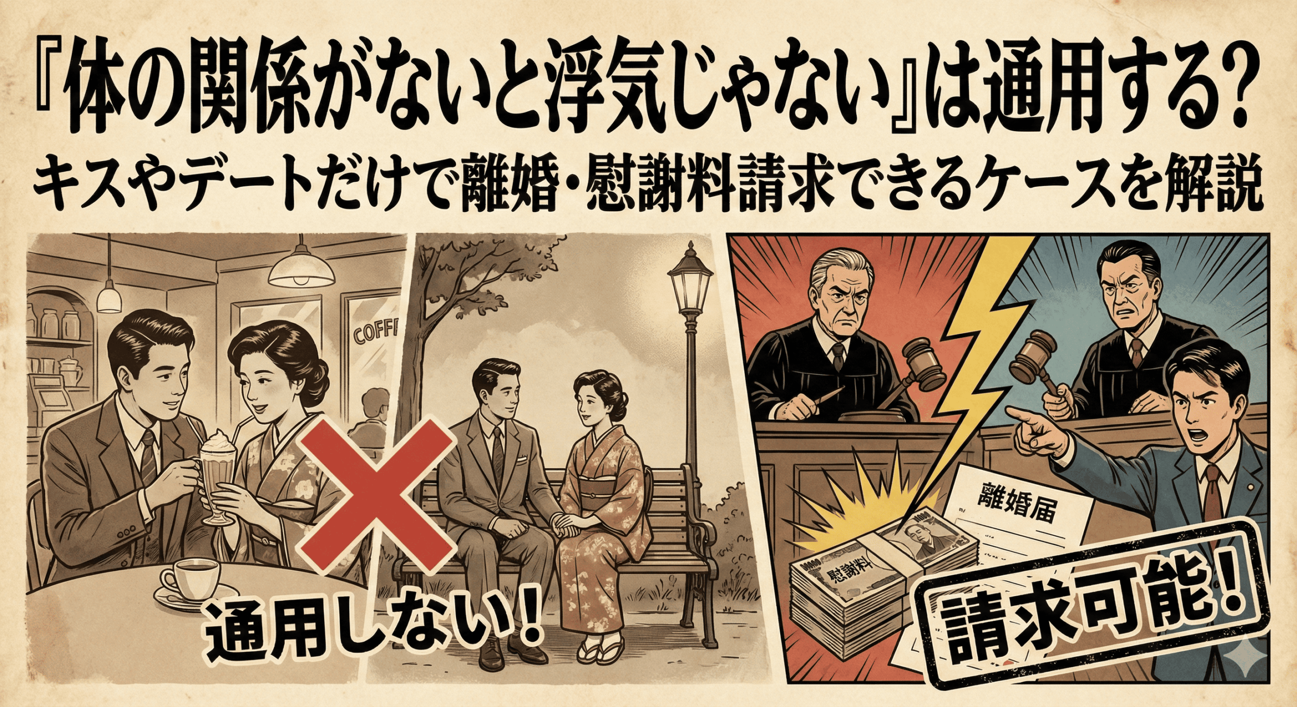 昭和レトロな劇画タッチで描かれた法律解説記事のアイキャッチ画像。上部には「『体の関係がないと浮気じゃない』は通用する？キスやデートだけで離婚・慰謝料請求できるケースを解説」という大きな見出しがある。左側のコマでは、喫茶店や公園でデートをする和装の男女のイラストに大きな赤い「×」印と「通用しない！」という文字が重ねられ、右側のコマでは、裁判官が小槌を叩き弁護士が指を差す裁判の様子とともに、積み上がった「慰謝料」の札束と「離婚届」が雷に打たれ、「請求可能！」というスタンプ風の文字が強調されている。体の関係がなくても慰謝料請求などが可能であることを強く訴える内容となっている。