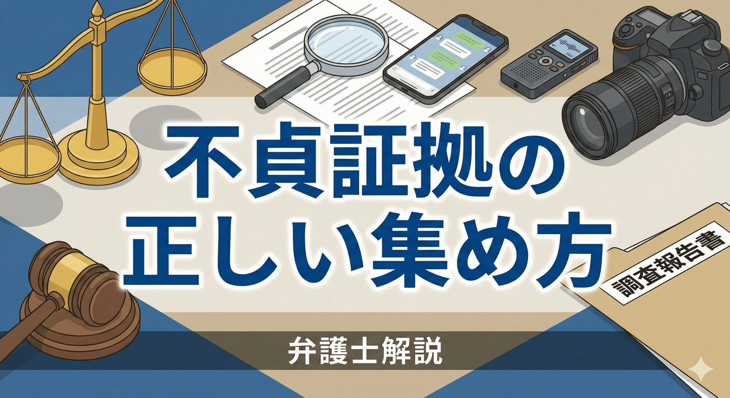 「不貞証拠の正しい集め方 弁護士解説」というタイトルのアイキャッチ画像。背景には法の象徴である天秤と小槌、そして証拠収集に使われる拡大鏡、メッセージ画面のスマホ、ボイスレコーダー、一眼レフカメラ、調査報告書のイラストが描かれている。