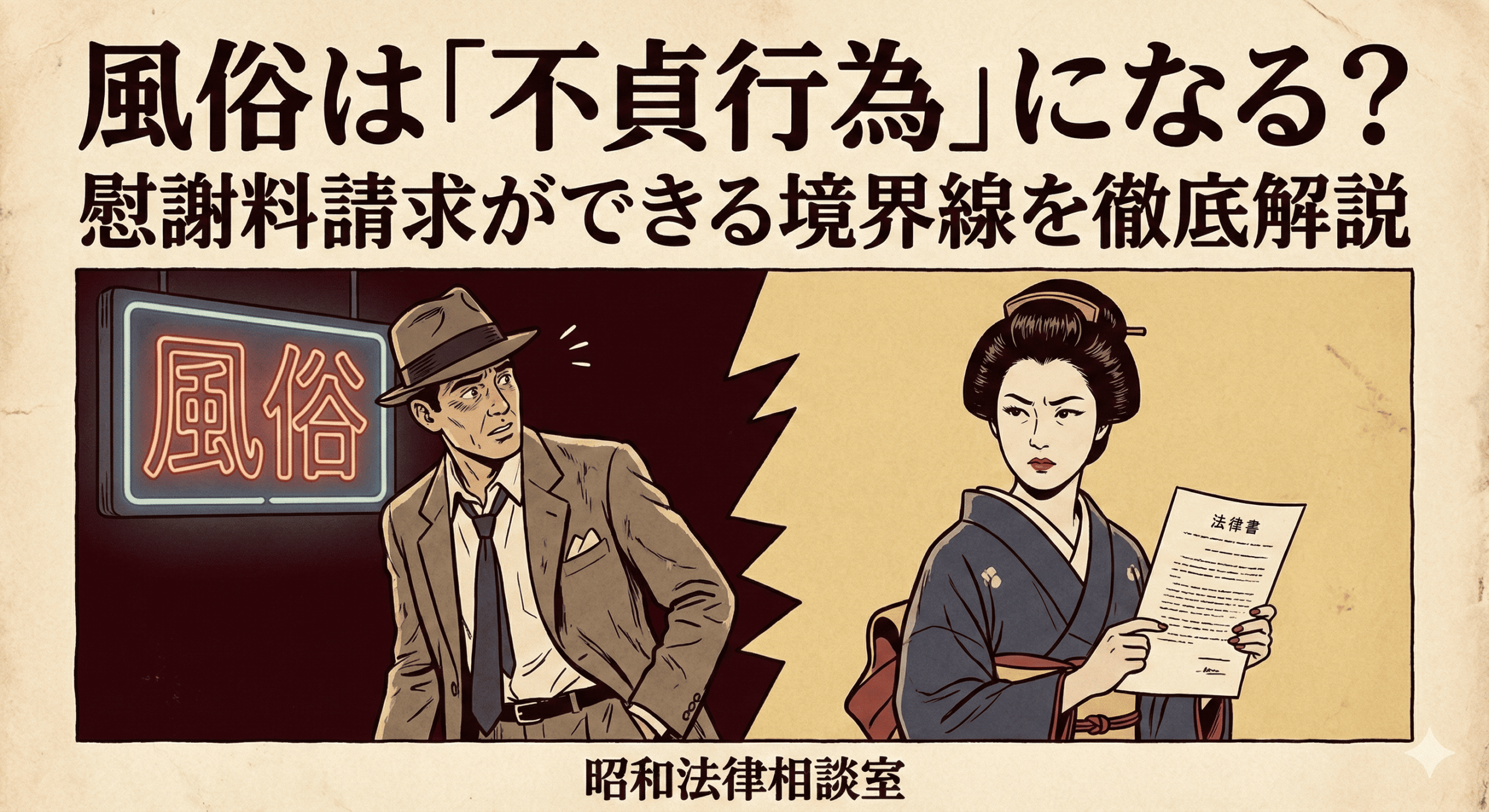 昭和レトロなポスター形式の法律相談イラスト。上部には大きな文字で「風俗は「不貞行為」になる？慰謝料請求ができる境界線を徹底解説」とある。イラストは、左側に「風俗」のネオンサインを見て驚き振り返るコートと帽子の男性、右側に厳しい表情で「法律書」を持つ着物姿の女性が描かれ、二人はギザギザの境界線で隔てられている。下部には「昭和法律相談室」の文字がある。全体的に古びた紙の質感と版画のようなタッチで描かれている。