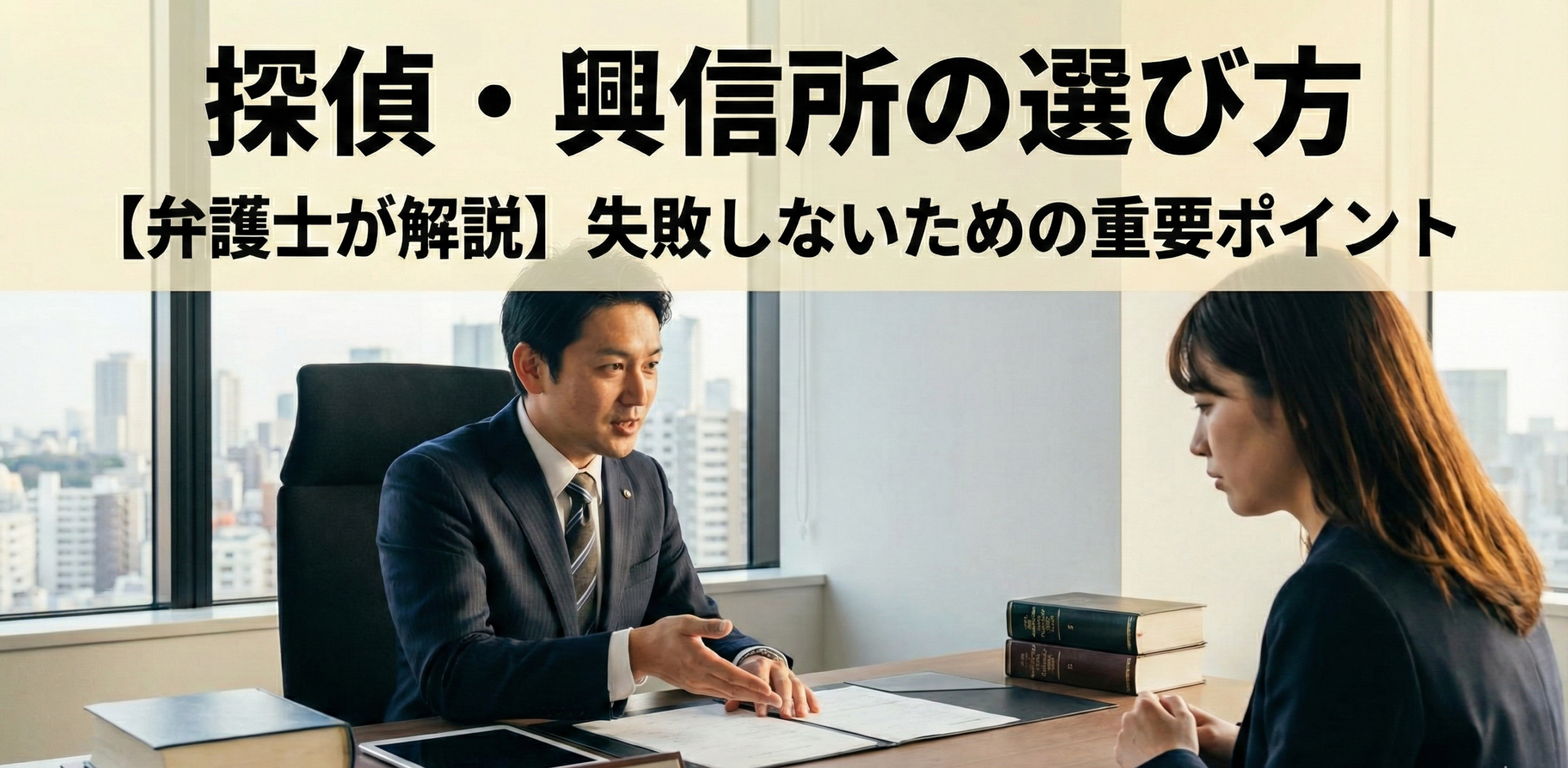 アイキャッチ画像「失敗しない探偵・興信所の選び方【弁護士解説】」。左側には暗い雰囲気で「怪しい探偵社」と書かれたビルに困惑する人物が描かれ、右側には明るい雰囲気で「信頼できる興信所」と書かれたビルの前で依頼者と探偵が握手をしている様子が描かれている。中央にはチェックリストを持った弁護士が立ち、正しい選び方を解説しているイラスト。虫眼鏡、カメラ、木槌、法律書などのアイコンも配置されている。
