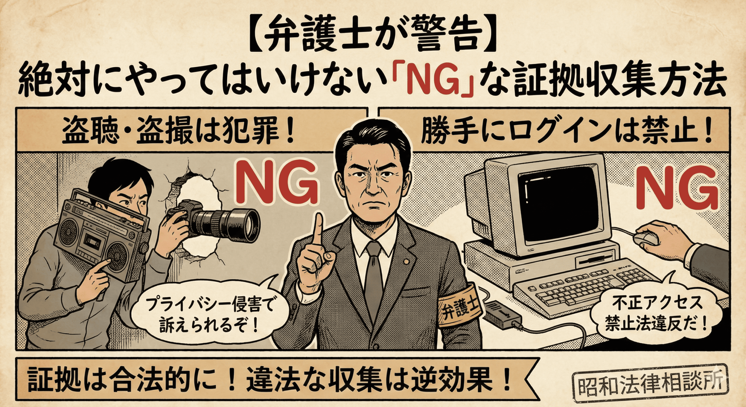 昭和時代の古びたポスター風の警告イラスト。上部には大きな文字で「【弁護士が警告】絶対にやってはいけない「NG」な証拠収集方法」とある。中央には「弁護士」の腕章をつけた厳しい表情の男性が指をさして警告しており、左右に二つのNG事例が描かれている。左側は「盗聴・盗撮は犯罪！ NG」という見出しで、壁の穴からカメラと大型のテープレコーダーで盗撮する男のイラスト。「プライバシー侵害で訴えられるぞ！」という吹き出しがある。右側は「勝手にログインは禁止！ NG」という見出しで、古い型のパソコンを不正に操作する手のイラスト。「不正アクセス禁止法違反だ！」という吹き出しがある。下部の横断幕には「証拠は合法的に！ 違法な収集は逆効果！」と書かれ、右下に「昭和法律相談所」のスタンプが押されている。