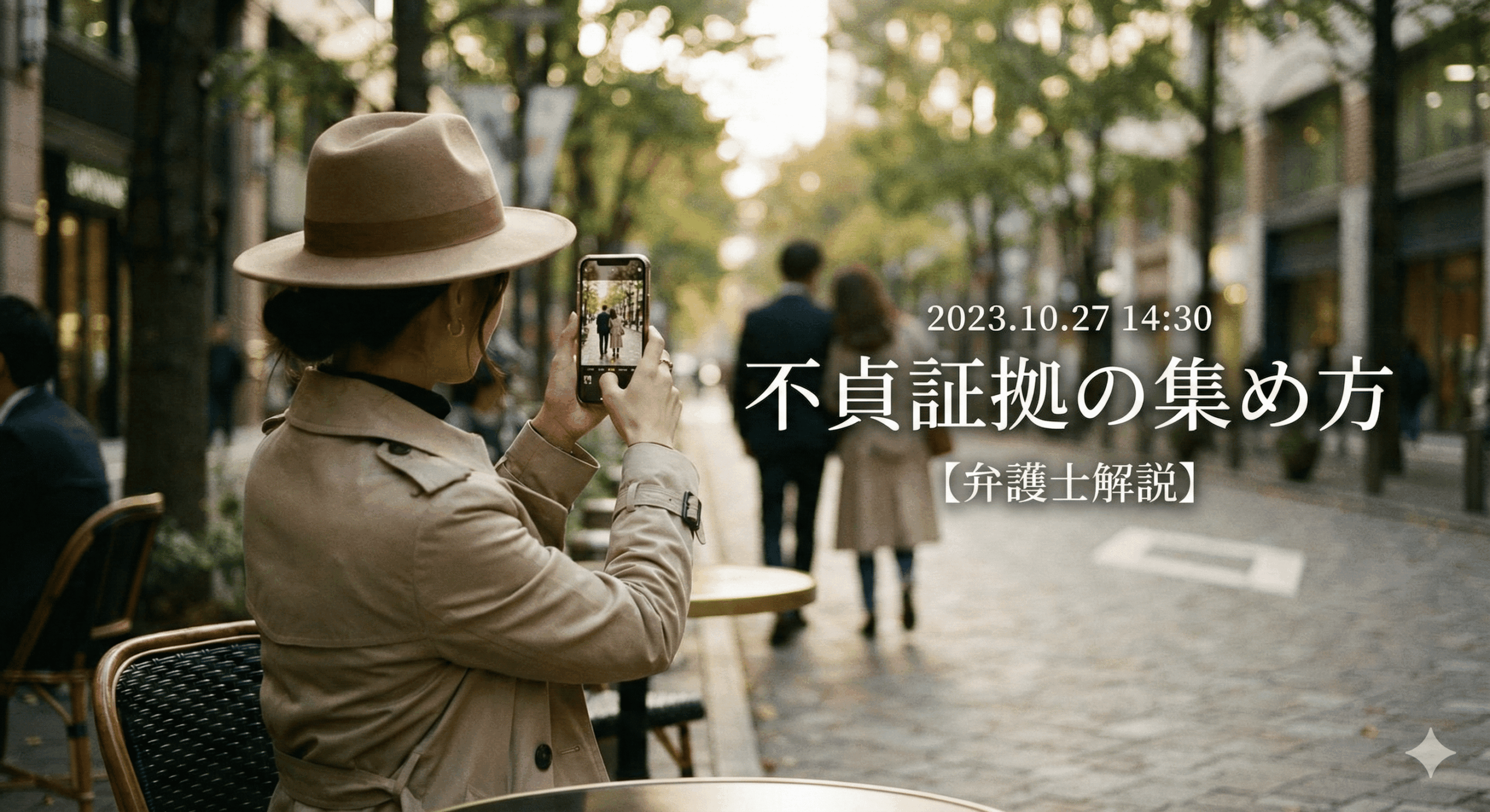 「不貞証拠の正しい集め方 弁護士解説」というタイトルのアイキャッチ画像。背景には法の象徴である天秤と小槌、そして証拠収集に使われる拡大鏡、メッセージ画面のスマホ、ボイスレコーダー、一眼レフカメラ、調査報告書のイラストが描かれている。