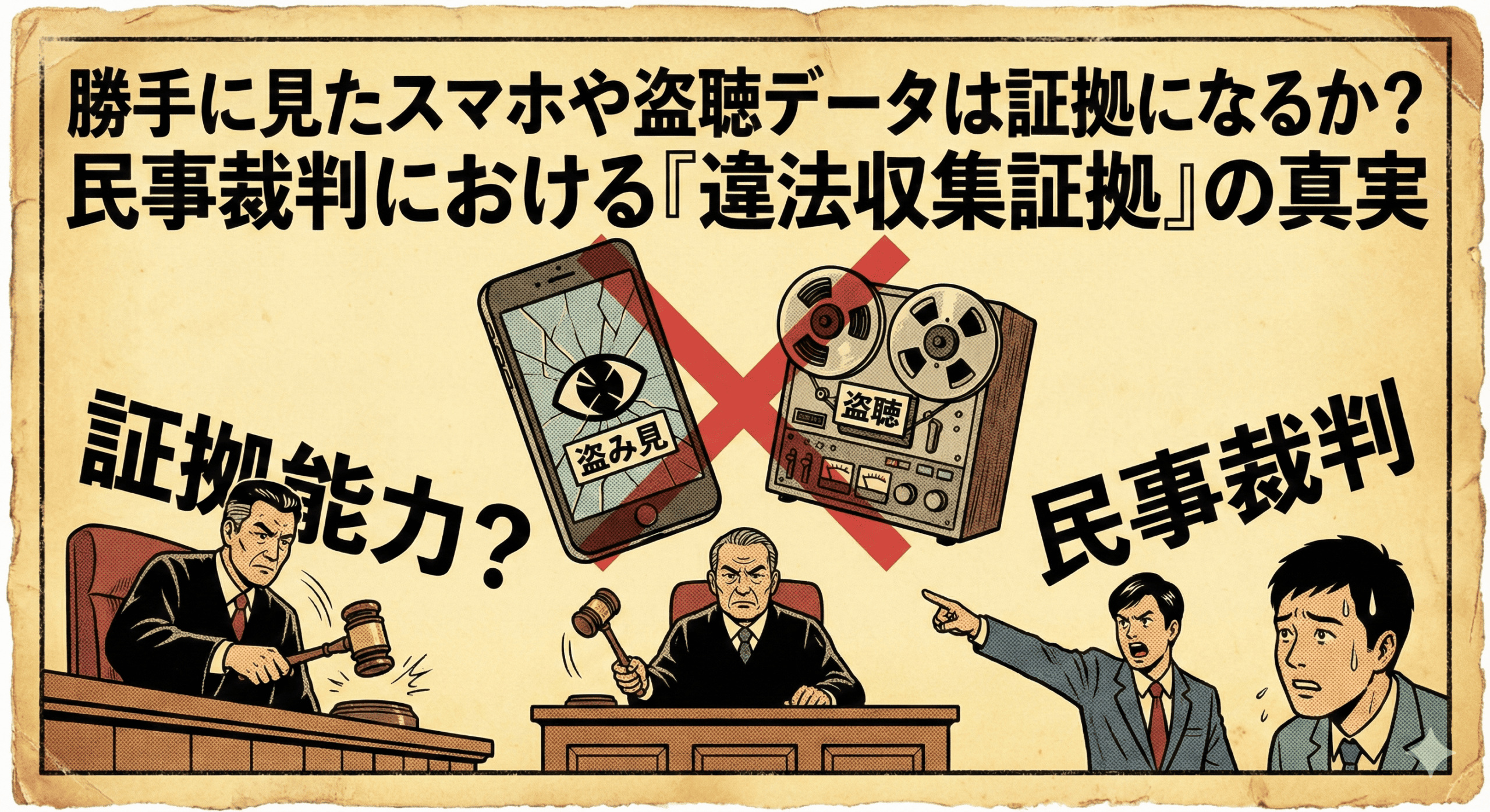 昭和レトロな劇画タッチで描かれた、法律解説記事のアイキャッチ画像。古びた紙の質感のある背景に、大きな文字で「勝手に見たスマホや盗聴データは証拠になるか？民事裁判における『違法収集証拠』の真実」とタイトルが書かれている。中央には、画面が割れて「盗み見」と表示されたスマートフォンと、「盗聴」と書かれたオープンリール式テープレコーダーが描かれ、その上に大きな赤い「×」印が重ねられている。その下では、左側の裁判官が「証拠能力？」と問いかけながら木槌を振り下ろし、右側では弁護士が「民事裁判」と叫びながら焦る男性を指差している、緊迫した裁判の様子がイラストで表現されている。