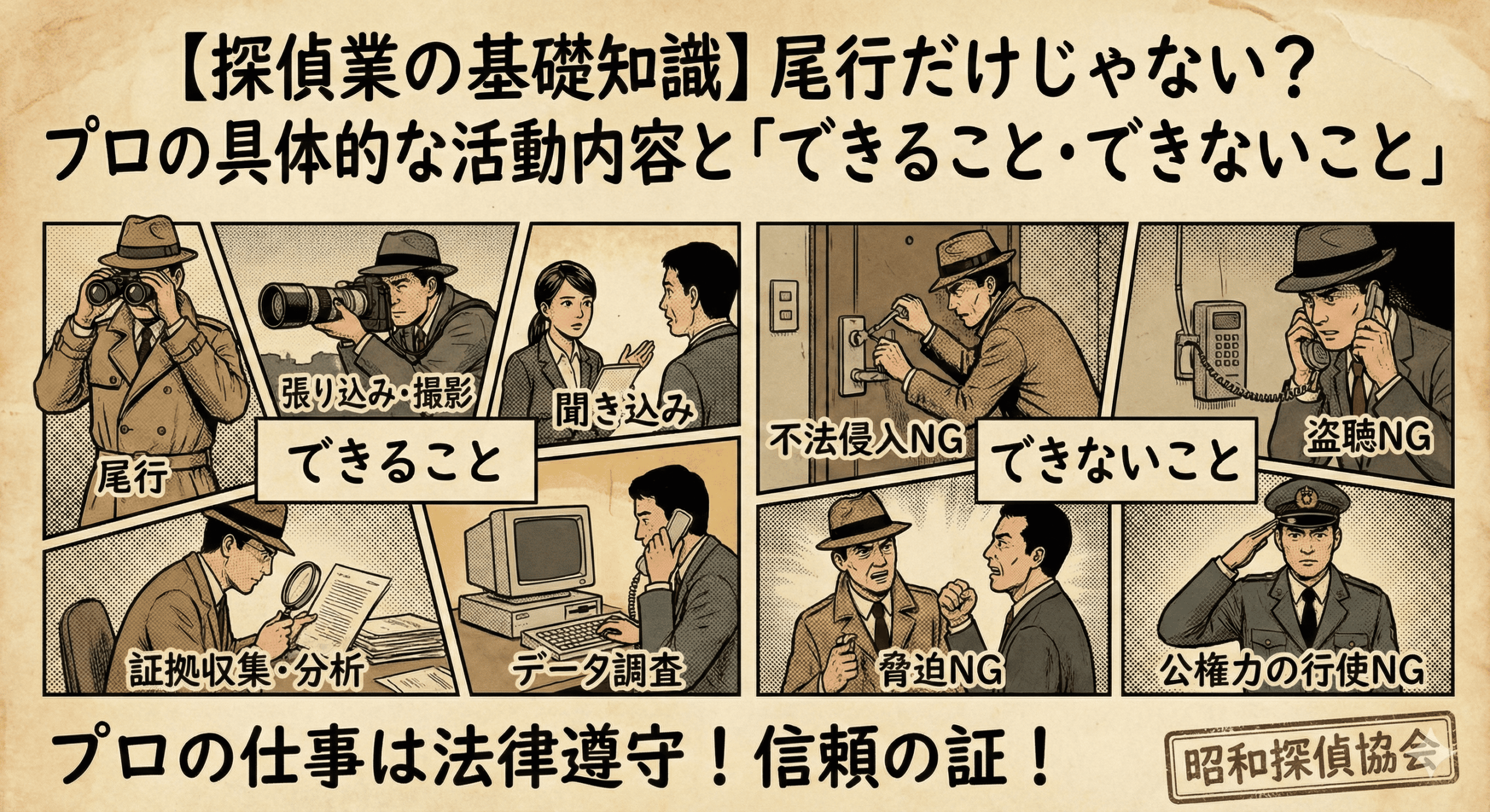 昭和時代のレトロな漫画風イラストで描かれた、「【探偵業の基礎知識】尾行だけじゃない？プロの具体的な活動内容と「できること・できないこと」」というタイトルのインフォグラフィック。古びた紙の質感とセピア調の色彩が特徴。 左側は「できること」として、トレンチコートと帽子姿の探偵が双眼鏡で監視する「尾行」、カメラで撮影する「張り込み・撮影」、女性が人に話を聞く「聞き込み」、虫眼鏡で書類を調べる「証拠収集・分析」、パソコンと電話を使う「データ調査」の様子が描かれている。 右側は「できないこと」として、鍵をピッキングする「不法侵入NG」、電話を盗聴する「盗聴NG」、人を脅す「脅迫NG」、警察官の制服を着て敬礼する「公権力の行使NG」の様子が描かれ、それぞれに「NG」の文字が添えられている。 下部には「プロの仕事は法律遵守！信頼の証！」というスローガンと、「昭和探偵協会」のスタンプ風ロゴがある。全体として、探偵の業務範囲と法律遵守の重要性を視覚的に解説している。