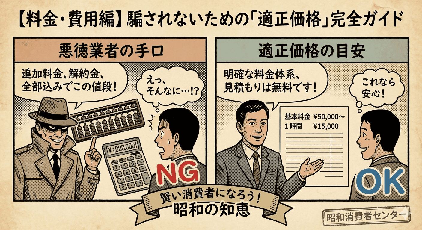 昭和レトロな漫画広告風のイラストで、上部に「【料金・費用編】騙されないための「適正価格」完全ガイド」というタイトルがある。左右二つのコマに分かれており、左側は「悪徳業者の手口」という見出し。怪しいトレンチコートの男がそろばんと「¥1,000,000!」と表示された電卓を持ち、「追加料金、解約金、全部込みでこの値段！」と言っている。客の男性は「えっ、そんなに…!?」と驚き、赤い「NG」マークがある。右側は「適正価格の目安」という見出し。スーツ姿の誠実そうな男が「基本料金 ¥50,000〜」「1時間 ¥15,000」と書かれた料金表を見せ、「明確な料金体系、見積もりは無料です！」と言っている。客の男性は「これなら安心！」と笑顔で、青い「OK」マークがある。下部には「賢い消費者になろう！昭和の知恵」というリボンと、「昭和消費者センター」というスタンプ風の文字がある。