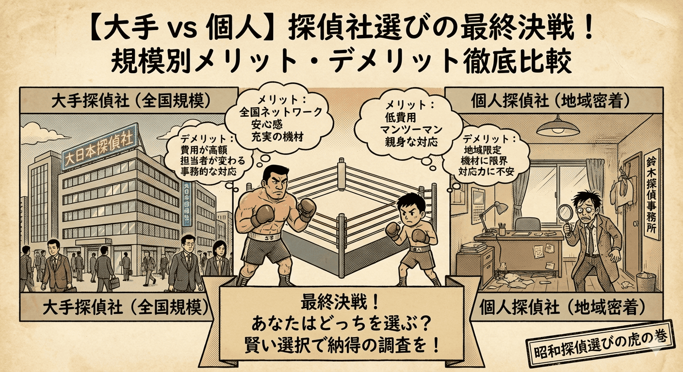 昭和時代のレトロな漫画風イラストで、探偵社の選び方を「大手」と「個人」の最終決戦として比較したインフォグラフィック。上部には「【大手 vs 個人】探偵社選びの最終決戦！規模別メリット・デメリット徹底比較」というタイトルが大きく書かれている。中央にはボクシングのリングがあり、巨大な「大手」のボクサーと小柄な「個人」のボクサーが対峙している。 左側は「大手探偵社（全国規模）」のコマ。大きなビルに「大日本探偵社」の看板があり、多くの探偵が出入りしている。「メリット：全国ネットワーク、安心感、充実の機材」「デメリット：費用が高額、担当者が変わる、事務的な対応」と書かれた吹き出しがある。 右側は「個人探偵社（地域密着）」のコマ。小さな事務所に「鈴木探偵事務所」の看板があり、一人の探偵が虫眼鏡で調べている。「メリット：低費用、マンツーマン、親身な対応」「デメリット：地域限定、機材に限界、対応力に不安」と書かれた吹き出しがある。 下部には「最終決戦！あなたはどっちを選ぶ？賢い選択で納得の調査を！」という帯があり、右下には「昭和探偵選びの虎の巻」というスタンプが押されている。全体が古びた紙の質感とセピア調の色合いで表現されている。