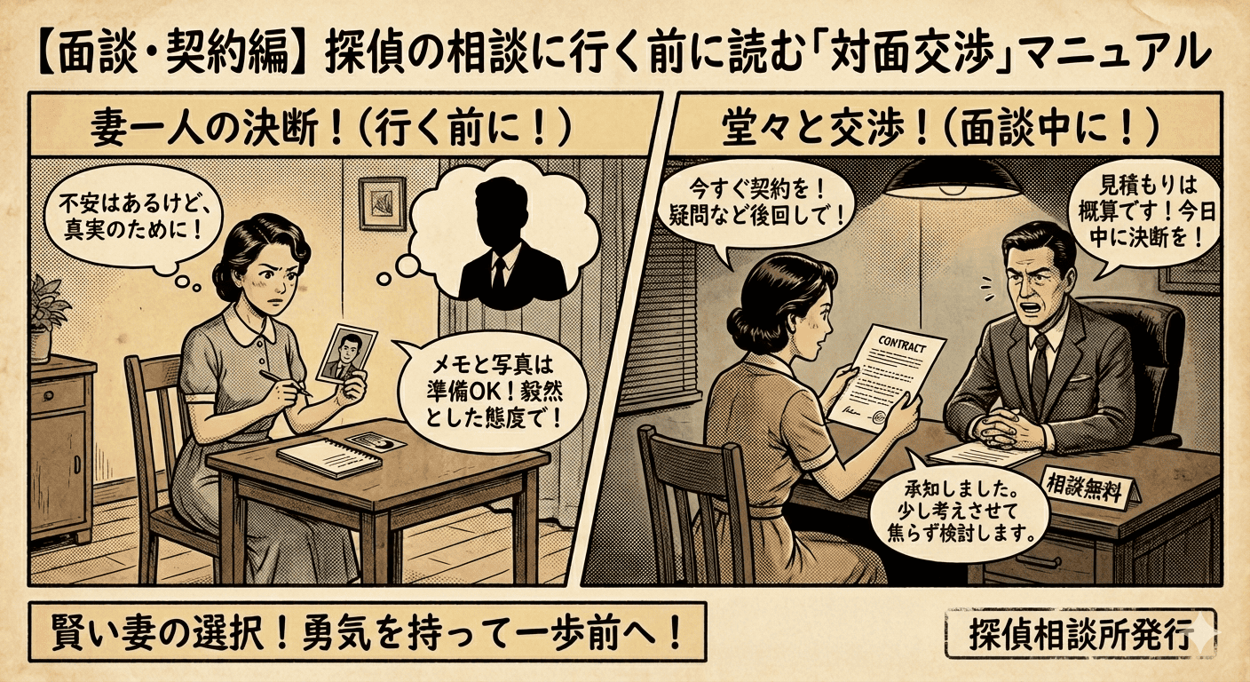 昭和レトロな漫画風インフォグラフィックで、セピア調の古い紙の質感がある。上部タイトルは「【面談・契約編】探偵の相談に行く前に読む「対面交渉」マニュアル」。左右に分割された2コマ漫画の形式。 左側のコマは「妻一人の決断！（行く前に！）」というタイトル。昭和風のワンピースを着た女性が自宅のテーブルで、夫の写真とメモ帳を前に、不安ながらも決意した表情で座っている。「不安はあるけど、真実のために！」「メモと写真は準備OK！毅然とした態度で！」という吹き出しがある。夫のシルエットが思い浮かんでいる。 右側のコマは「堂々と交渉！（面談中に！）」というタイトル。同じ女性が探偵事務所で、スーツを着た男性探偵と対面し、「CONTRACT」と書かれた契約書を毅然と確認している。「一人でも大丈夫！疑問は全て聞く！」「見積もりは総額で！一旦持ち帰ります！」とはっきり伝えており、探偵は「承知しました。焦らずご検討を。」と応じている。デスクには「相談無料」の札がある。 下部には「賢い妻の選択！勇気を持って一歩前へ、昭和の知恵！」という横断幕があり、右下には「昭和探偵相談所発行」のスタンプがある。