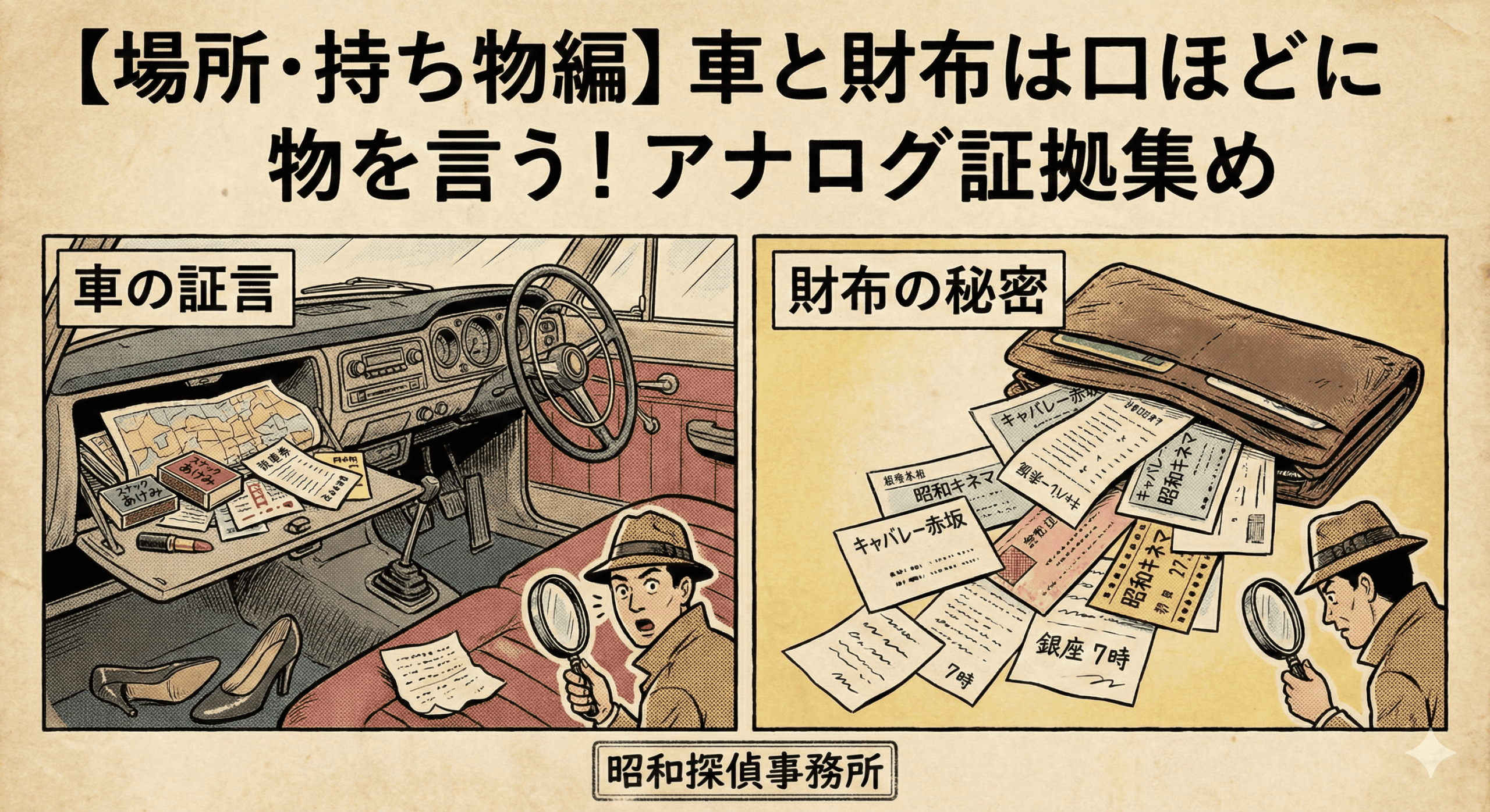 昭和時代の探偵マニュアルを模したレトロなイラスト。古びた紙の質感と、赤、青、黄色の限られた色使いが特徴。上部に大きな文字で「【場所・持ち物編】車と財布は口ほどに物を言う！アナログ証拠集め」と書かれている。 イラストは左右二つのコマに分かれている。 左側のコマのタイトルは「車の証言」。古い車の助手席側が描かれており、開いたグローブボックスから地図、マッチ箱（「スナックあけみ」の文字）、領収書、口紅などが溢れ出ている。足元には女性のハイヒールとメモが落ちており、トレンチコートに帽子姿の探偵が虫眼鏡を片手に驚いた表情でそれらを見つめている。 右側のコマのタイトルは「財布の秘密」。革製の長財布から、大量のレシートやチケットが溢れ出ている。レシートには「キャバレー赤坂」「昭和キネマ」などの店名や、「銀座7時」といったメモ書きが確認できる。ここでも探偵が虫眼鏡で証拠を調べている。 下部中央には「昭和探偵事務所」というスタンプ風の文字がある。全体的に、アナログな手法で浮気の証拠を集める様子をユーモラスに描いたイラストである。