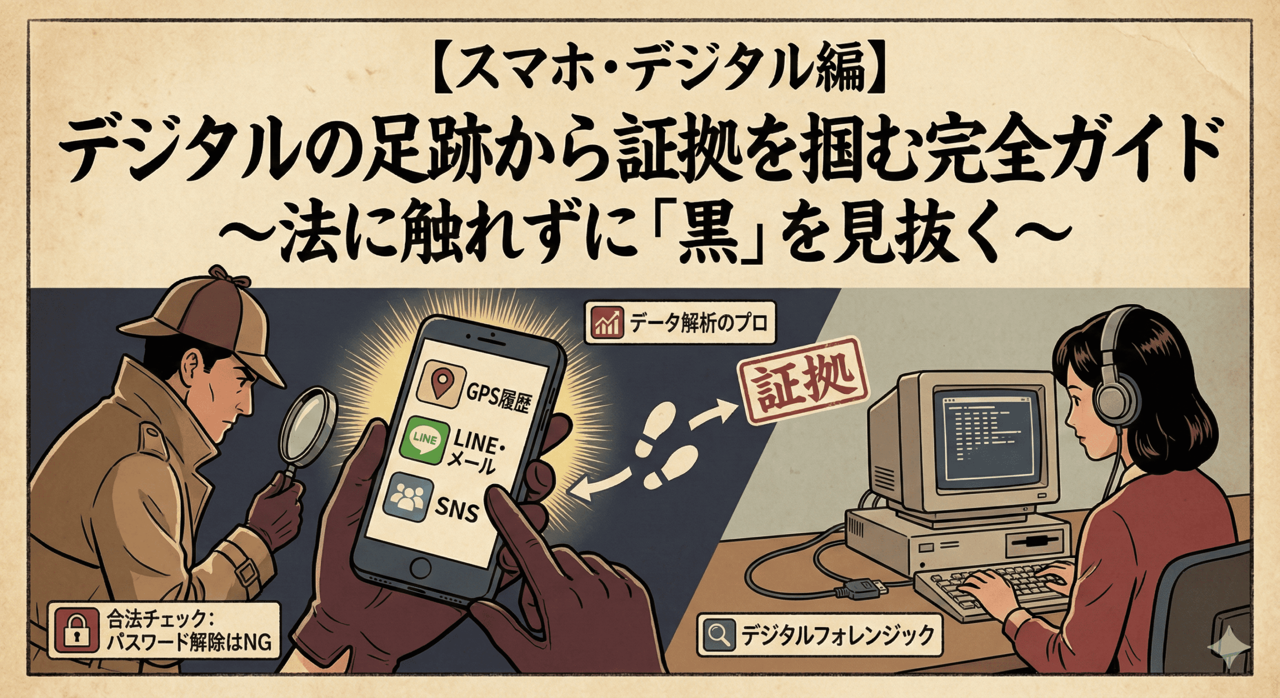 昭和レトロなスタイルのイラストで、上部に大きな文字で「【スマホ・デジタル編】デジタルの足跡から証拠を掴む完全ガイド ～法に触れずに「黒」を見抜く～」と書かれている。左側には、トレンチコートと帽子を身に着け、虫眼鏡を持った探偵のような男性が、中央のスマートフォンを指差している。スマートフォンの画面は光っており、「GPS履歴」「LINE・メール」「SNS」のアイコンと文字が表示されている。スマホから右上の「証拠」と書かれた赤いスタンプに向かって、足跡のイラストが続いている。右側には、ヘッドホンをして古いブラウン管のパソコンに向かい、キーボードを操作している女性が描かれている。女性の近くには「デジタルフォレンジック」という吹き出しがある。左下には鍵のアイコンと共に「合法チェック：パスワード解除はNG」という注意書きがある。全体的に古びた紙のような質感がある。