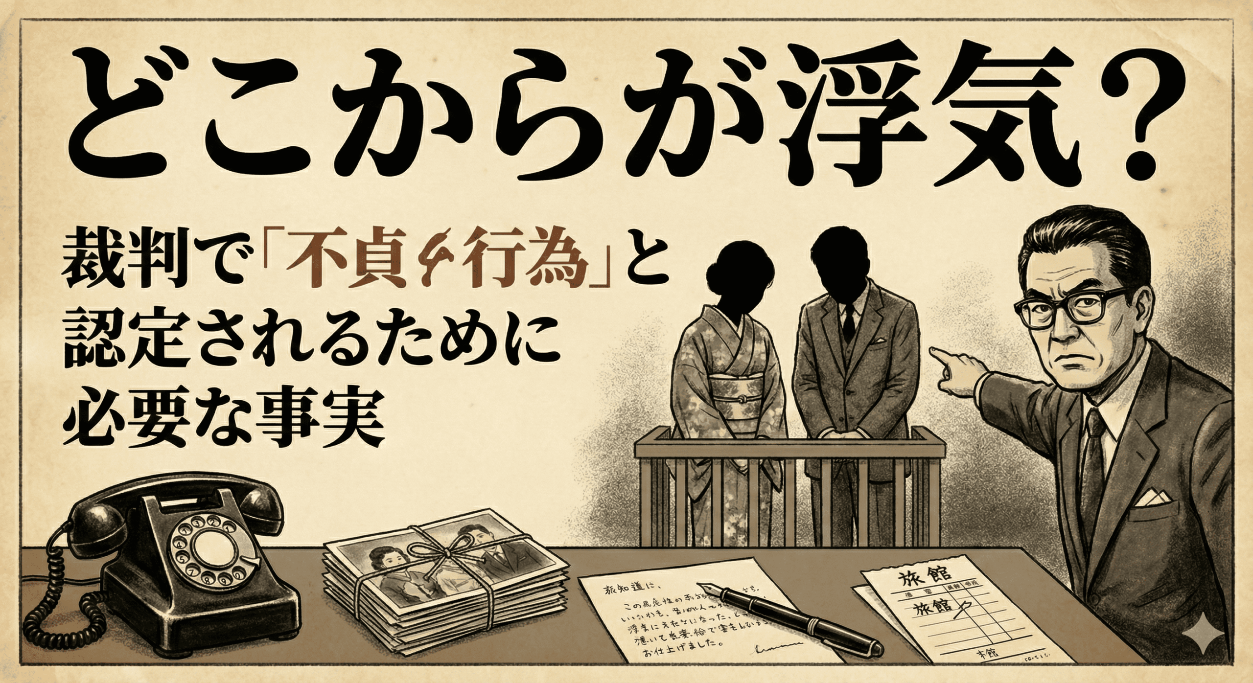 昭和の劇画タッチで描かれたレトロなアイキャッチ画像。上部に「どこからが浮気？ 裁判で『不貞行為』と認定されるために必要な事実」というタイトルが大きく配置されている。イラストは、右側の厳格な弁護士風の男性が、柵の中でうつむく和装の女性とスーツの男性（シルエット）を指さしている裁判の様子。手前の机には、黒電話、束ねられた写真、手紙、旅館の領収書といった証拠品が置かれており、全体が古い紙のような質感とセピア調の色彩で表現されている。