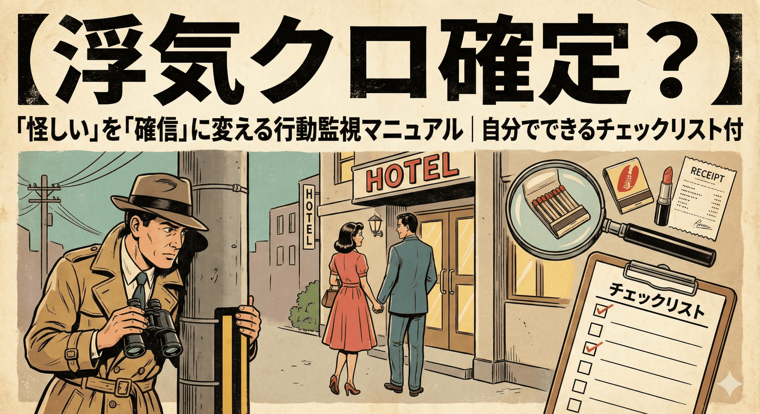 昭和レトロな劇画タッチで描かれた「【浮気クロ確定？】『怪しい』を『確信』に変える行動監視マニュアル｜自分でできるチェックリスト付」というタイトルのアイキャッチ画像。トレンチコートと帽子姿の探偵が電柱の陰から双眼鏡で、ホテルに入ろうとする男女のカップルを見張っている様子が描かれている。右側には虫眼鏡で拡大されたマッチ箱、口紅、レシートといった証拠品と、項目にチェックが入った「チェックリスト」のバインダーが配置されており、浮気調査の方法を解説するマニュアルであることを示唆している。全体的に古びた紙のような質感で表現されている。