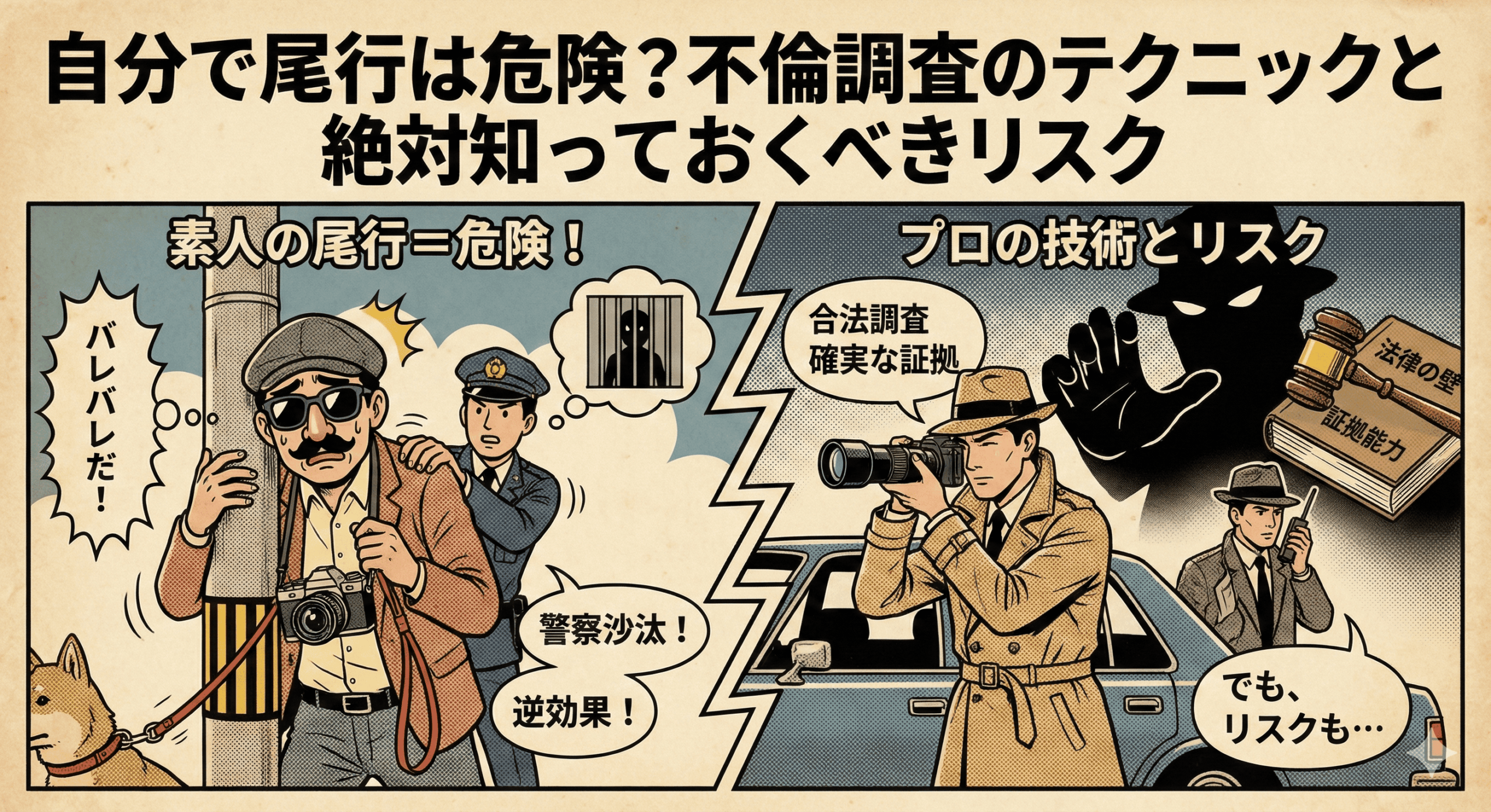 昭和レトロな漫画風イラストで、素人の浮気調査の危険性とプロの技術・リスクを対比させたアイキャッチ画像。左側は「素人の尾行＝危険！」と題し、変装がバレて警察官に呼び止められ焦る男の姿。「警察沙汰！」「逆効果！」などの文字が並ぶ。右側は「プロの技術とリスク」と題し、望遠カメラを構える探偵や無線を使う助手の姿。「合法調査」「確実な証拠」としつつも、背景には「法律の壁」や木槌、黒い影があり、「でも、リスクも…」と法的リスクを示唆している。全体のタイトルは「自分で尾行は危険？不倫調査のテクニックと絶対知っておくべきリスク」。