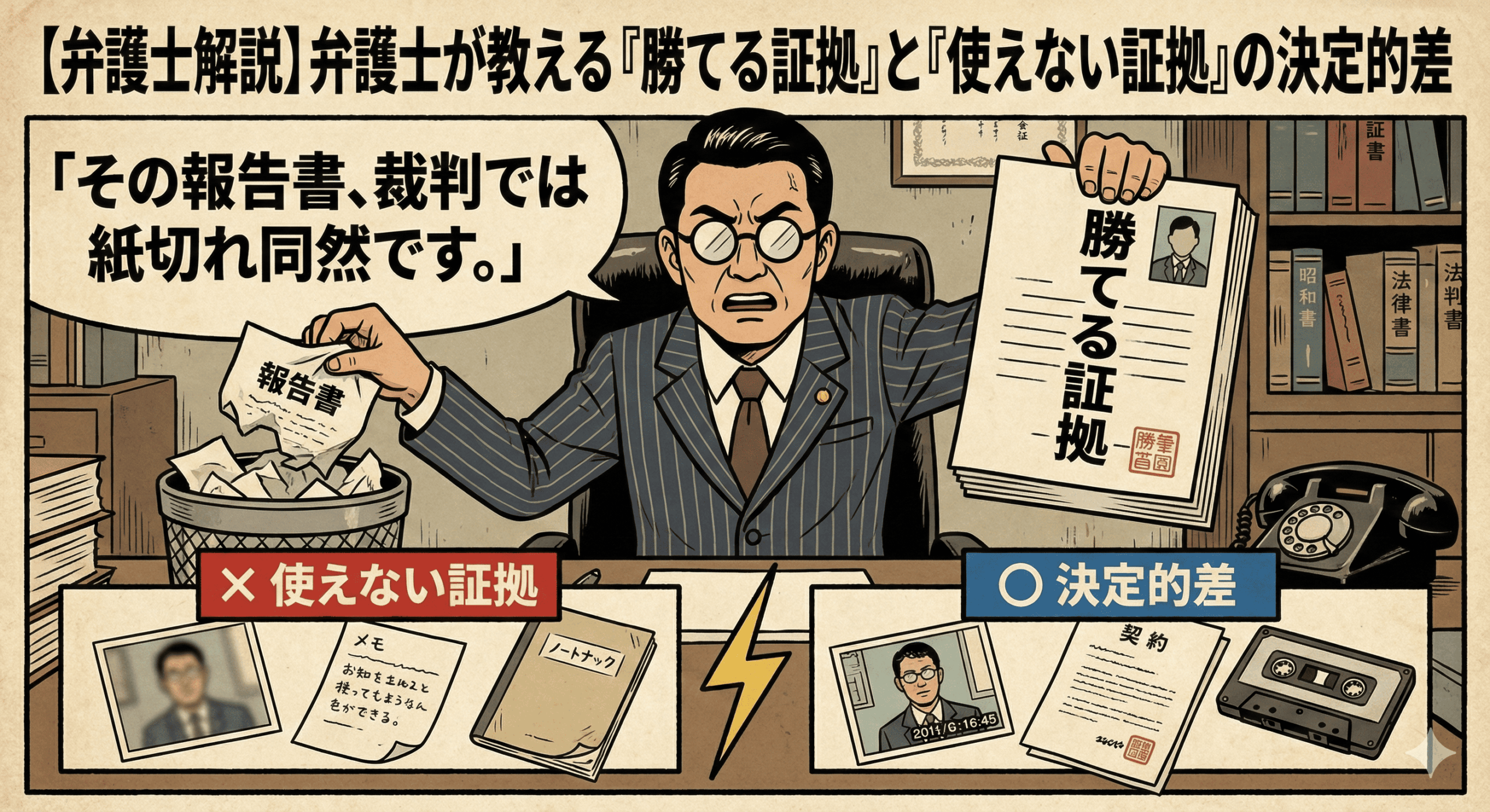 昭和時代のレトロな漫画風イラスト。タイトルは「【弁護士解説】弁護士が教える『勝てる証拠』と『使えない証拠』の決定的差」。怒った表情の弁護士が「その報告書、裁判では紙切れ同然です。」と叫びながら、「報告書」をゴミ箱に捨て、右手で「勝てる証拠」と書かれた分厚い書類を掲げている。下部には「×使えない証拠」としてメモやぼやけた写真、「○決定的差」として契約書や鮮明な写真、カセットテープが対比されている。背景は昭和の法律事務所。