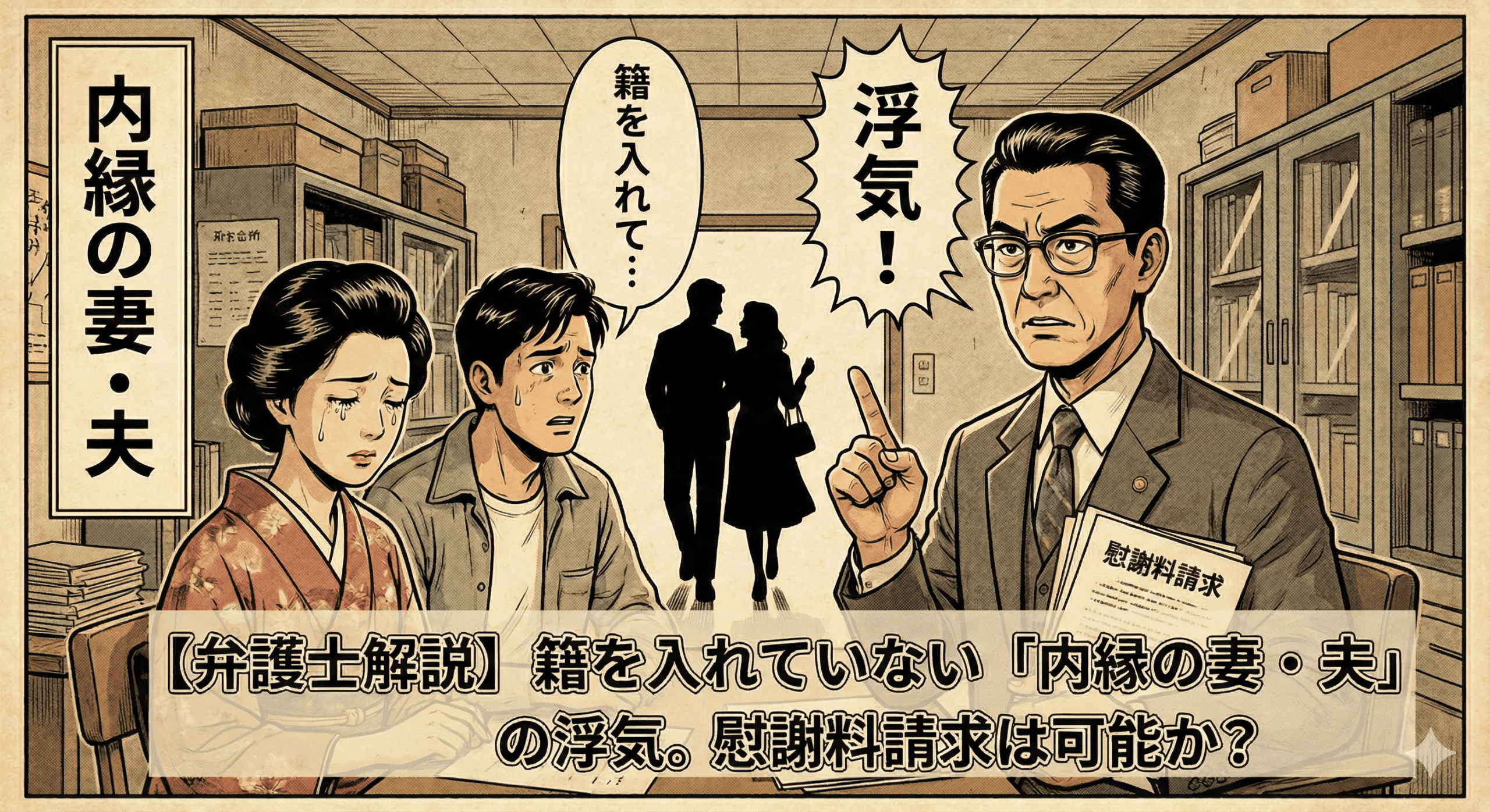 昭和レトロな漫画スタイルで描かれた、法律記事のアイキャッチ画像。下部のテキスト帯には「【弁護士解説】籍を入れていない「内縁の妻・夫」の浮気。慰謝料請求は可能か？」とある。左側には泣いている着物姿の女性と、困り果てた表情の男性が座っている。右側では、スーツを着た眼鏡の弁護士が険しい顔で「浮気！」と書かれた吹き出しとともに指を差し出し、「慰謝料請求」と書かれた書類を持っている。中央奥の扉の向こうには、手を繋いで歩く男女のシルエットが描かれている。左端には縦書きで「内縁の妻・夫」の文字がある。全体的に古びた紙のような質感と色合い。