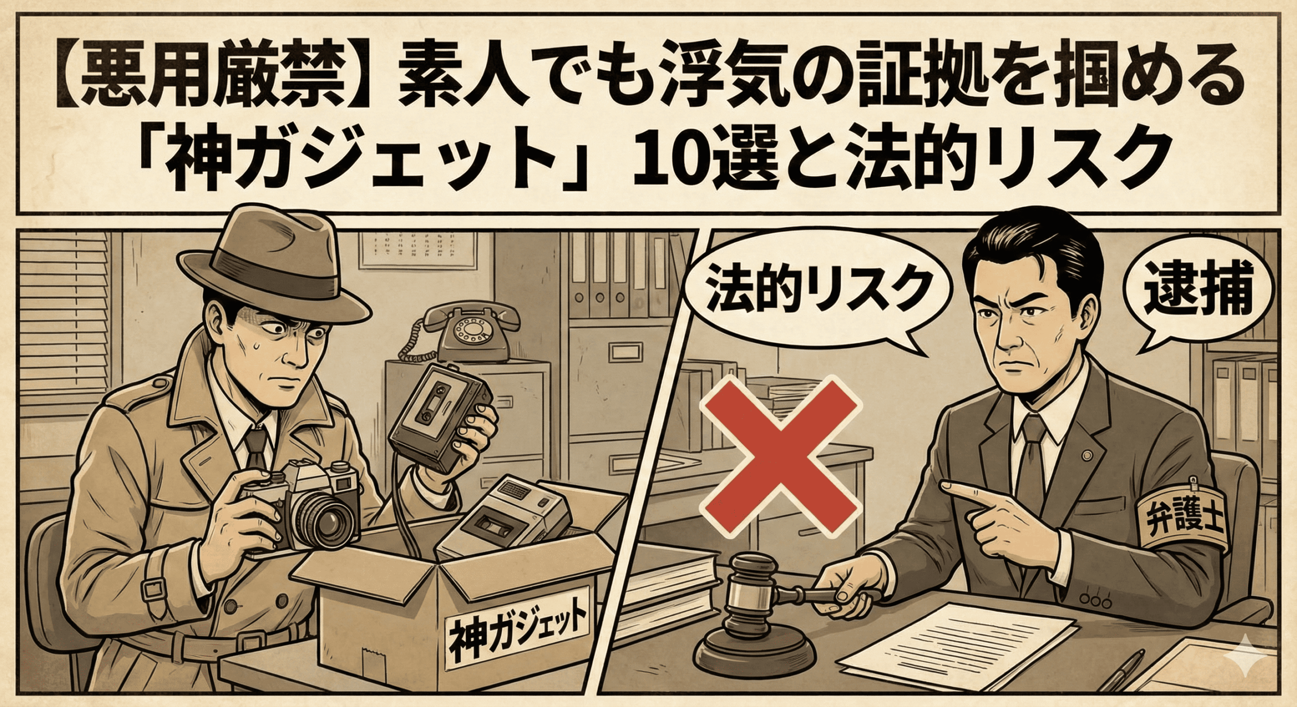 昭和レトロな劇画タッチで描かれたアイキャッチ画像。上部に大きな文字で「【悪用厳禁】素人でも浮気の証拠を掴める「神ガジェット」10選と法的リスク」とタイトルがある。左側のコマでは、トレンチコートを着た探偵風の男が、「神ガジェット」と書かれた段ボール箱から古いカメラやカセットレコーダーを取り出している。右側のコマでは、「弁護士」の腕章をつけたスーツ姿の男性が厳しい表情で木槌を持ち、大きな赤い「×」印とともに「法的リスク」「逮捕」という吹き出しで警告している。背景は昭和時代の事務所の様子。全体に古紙のような質感がある。