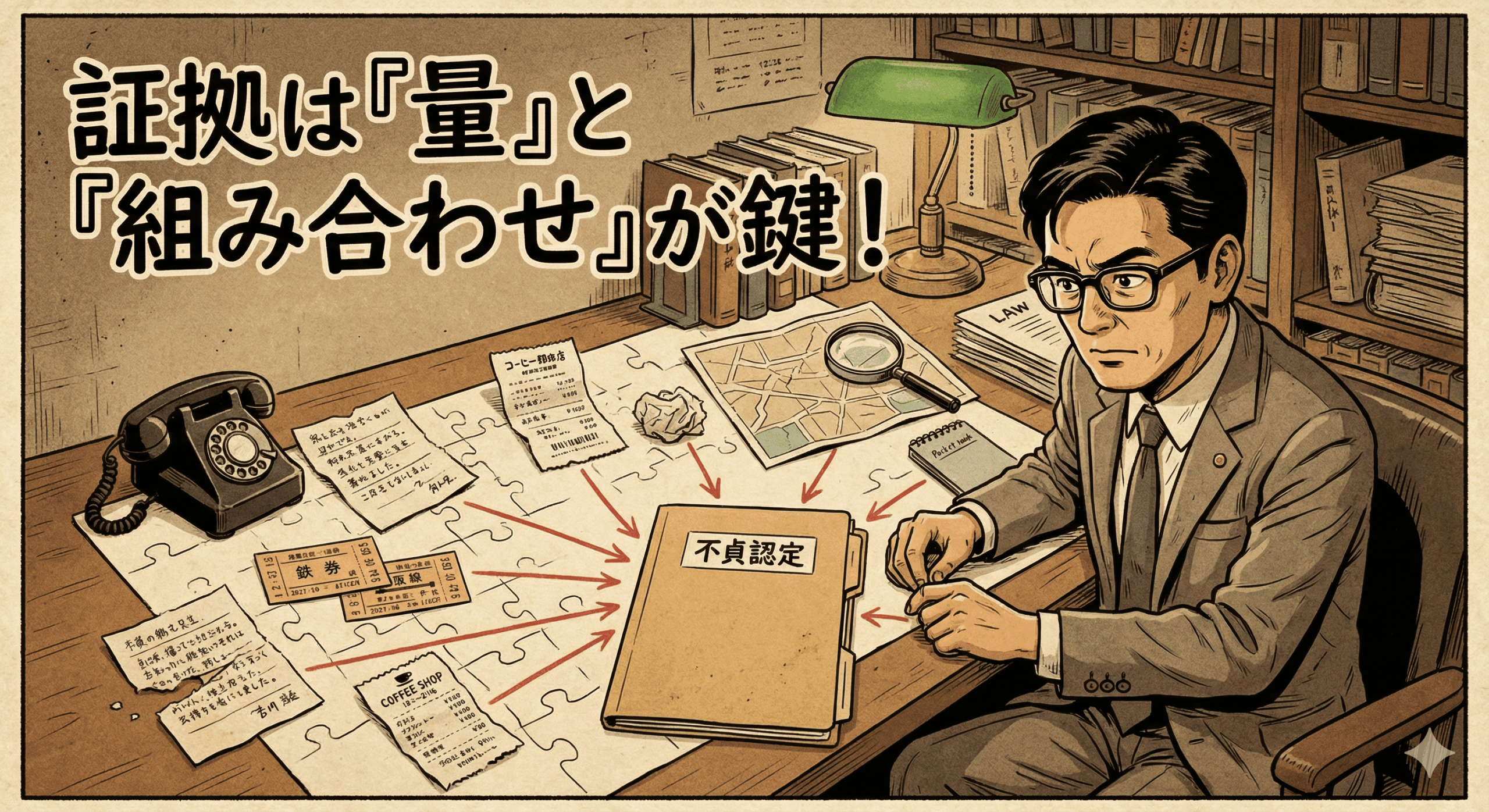 生成されたアイキャッチ画像の代替テキスト（alt属性）をご提案します。 --- 昭和レトロな劇画タッチで描かれた弁護士のイラスト。机の上には、レシート、切符、手帳、地図などの様々な小さな証拠がジグソーパズルの上に置かれ、それらが「不貞認定」と書かれたファイルに向かって矢印で集約されている様子が描かれている。上部には「証拠は『量』と『組み合わせ』が鍵！」という大きなタイトル文字があり、決定的な証拠がない場合の戦略を視覚的に表現している。