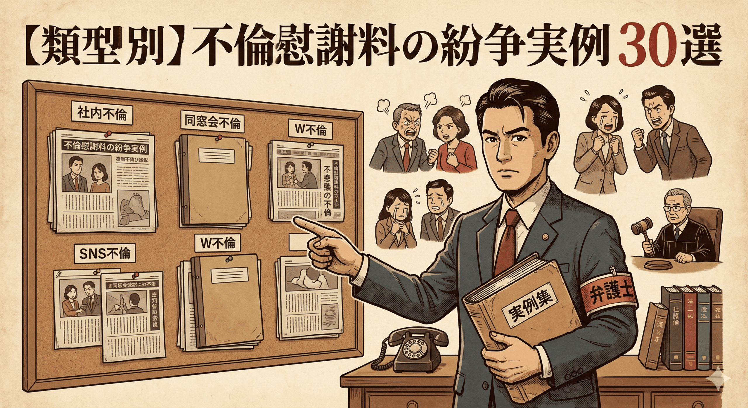 昭和レトロな漫画風イラスト。スーツを着て「弁護士」の腕章をつけた男性が、険しい表情で「実例集」というファイルを抱え、コルクボードを指差している。コルクボードには「社内不倫」「同窓会不倫」「W不倫」「SNS不倫」と分類された古い新聞記事やファイルが貼られている。右側には、怒り狂う夫婦、泣き崩れる女性、木槌を振る裁判官など、様々な不倫トラブルのシーンが描かれている。手前には黒電話や法律書が置かれた机がある。上部には大きな文字で「【類型別】不倫慰謝料の紛争実例 30選」と書かれている。全体的に古びた紙のような質感。