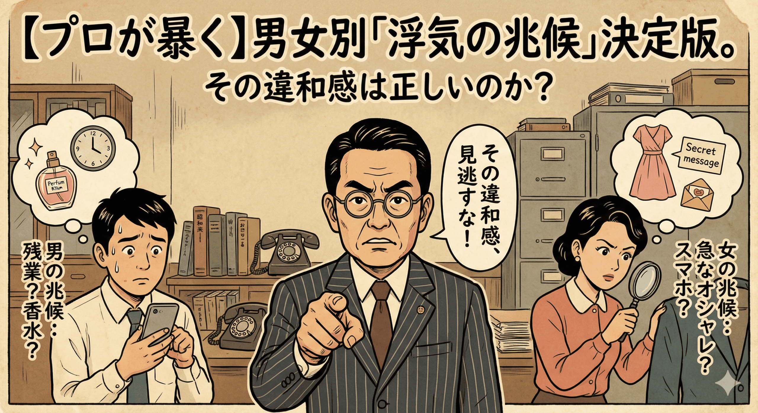昭和レトロな劇画タッチで描かれた記事のアイキャッチ画像。 下部のテキスト帯には「【プロが暴く】男女別「浮気の兆候」決定版。その違和感は正しいのか？」とある。 画面中央には、探偵風の男が虫眼鏡を持ち、鋭い眼光でこちらを見ている。 その背景には、男女それぞれの「怪しい行動」が描かれている。左側では、夫のスーツの匂いを嗅いで疑う妻と、冷や汗をかく夫。右側では、スマートフォンを隠しながらニヤつく妻を、不安そうに見つめる夫の姿がある。 背景には「残業？」「香水」「スマホ」といった文字がマンガの描き文字風に散りばめられている。全体的に古紙のような質感。